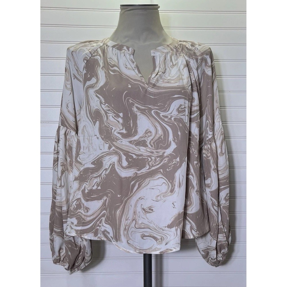 August Sky Anthropologie Beige Abstract Print Long Sleeve Blouse Top Size M